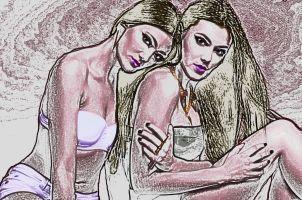 Zwei Frauen, die Zwillinge sind. Sie haben das Glück, kein alleingeborener Zwilling zu sein.